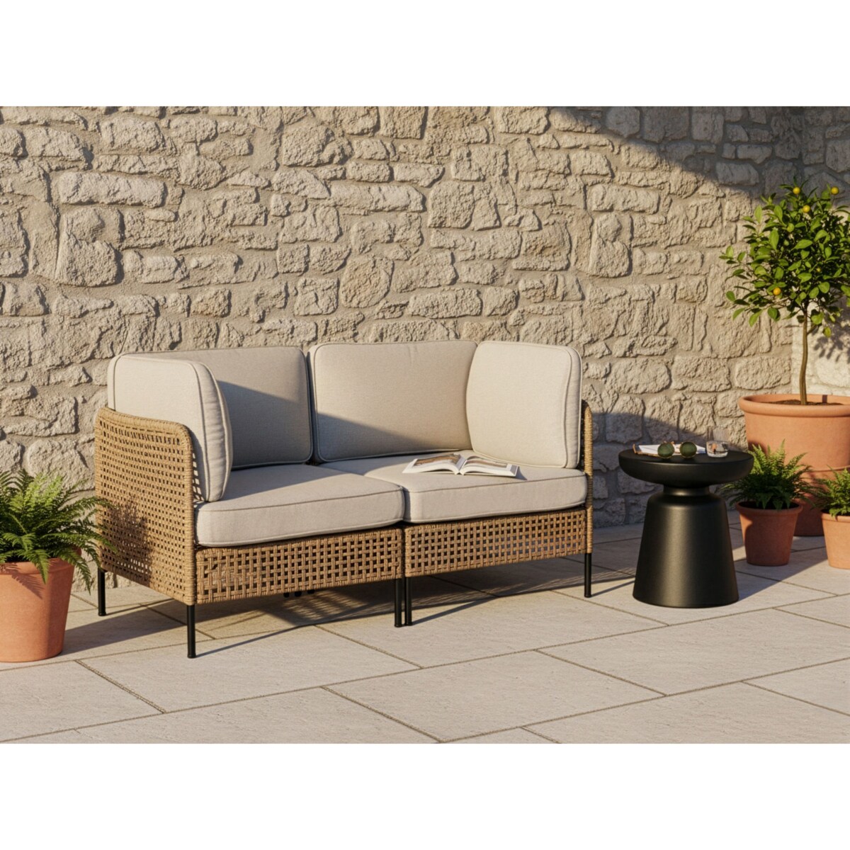 Sofa ogrodowa dla 2 osób OMEGANA Technorattan Jasnobeżowy