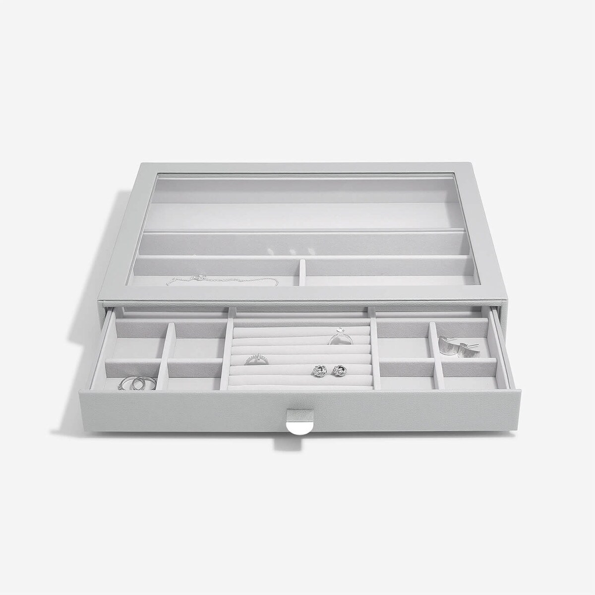 Szkatułka na biżuterię Stackers 15 komorowa supersize kamienna szarość z szufladą i szklaną pokrywką
