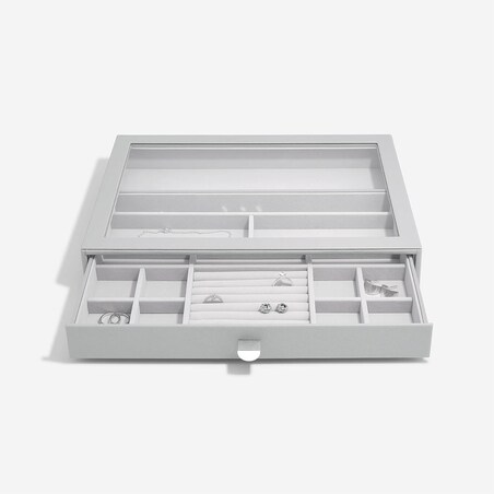 Szkatułka na biżuterię Stackers 15 komorowa supersize kamienna szarość z szufladą i szklaną pokrywką