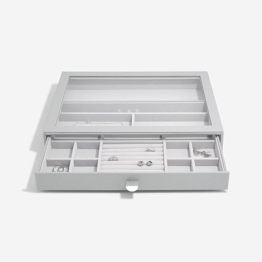 Szkatułka na biżuterię Stackers 15 komorowa supersize kamienna szarość z szufladą i szklaną pokrywką