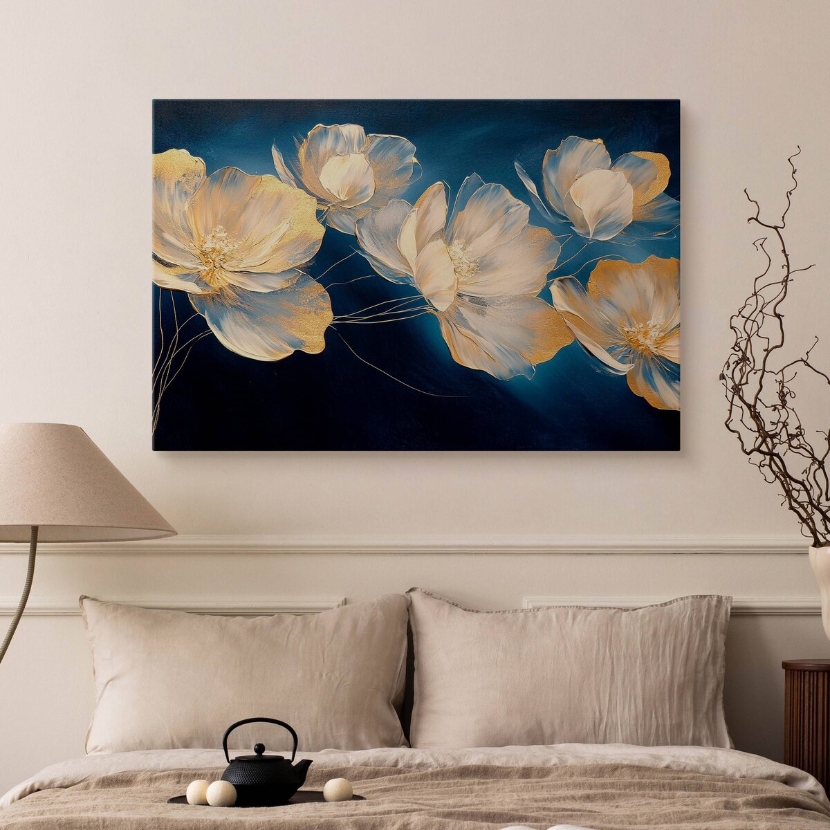 Obraz Do Salonu Sypialni Kremowe Kwiaty Styl Glamour Abstrakcja 120x80cm