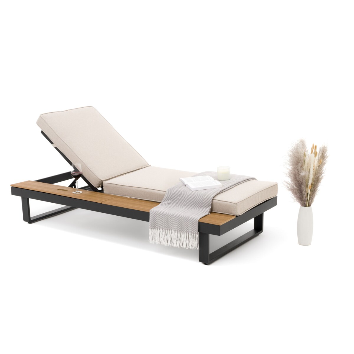 Leżak ogrodowy tarasowy z podnoszonym stolikiem aluminiowy ATOL beżowy