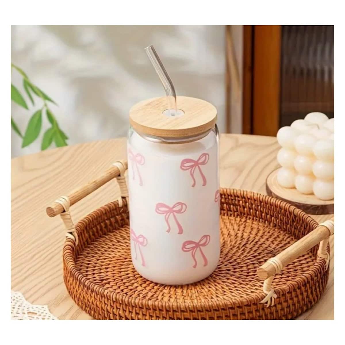 Szklanka, różowe kokardki - z rurką i bambusową pokrywką 500 ml - SZK131