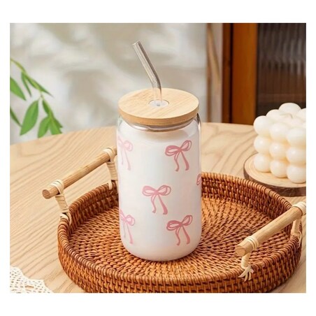 Szklanka, różowe kokardki - z rurką i bambusową pokrywką 500 ml - SZK131