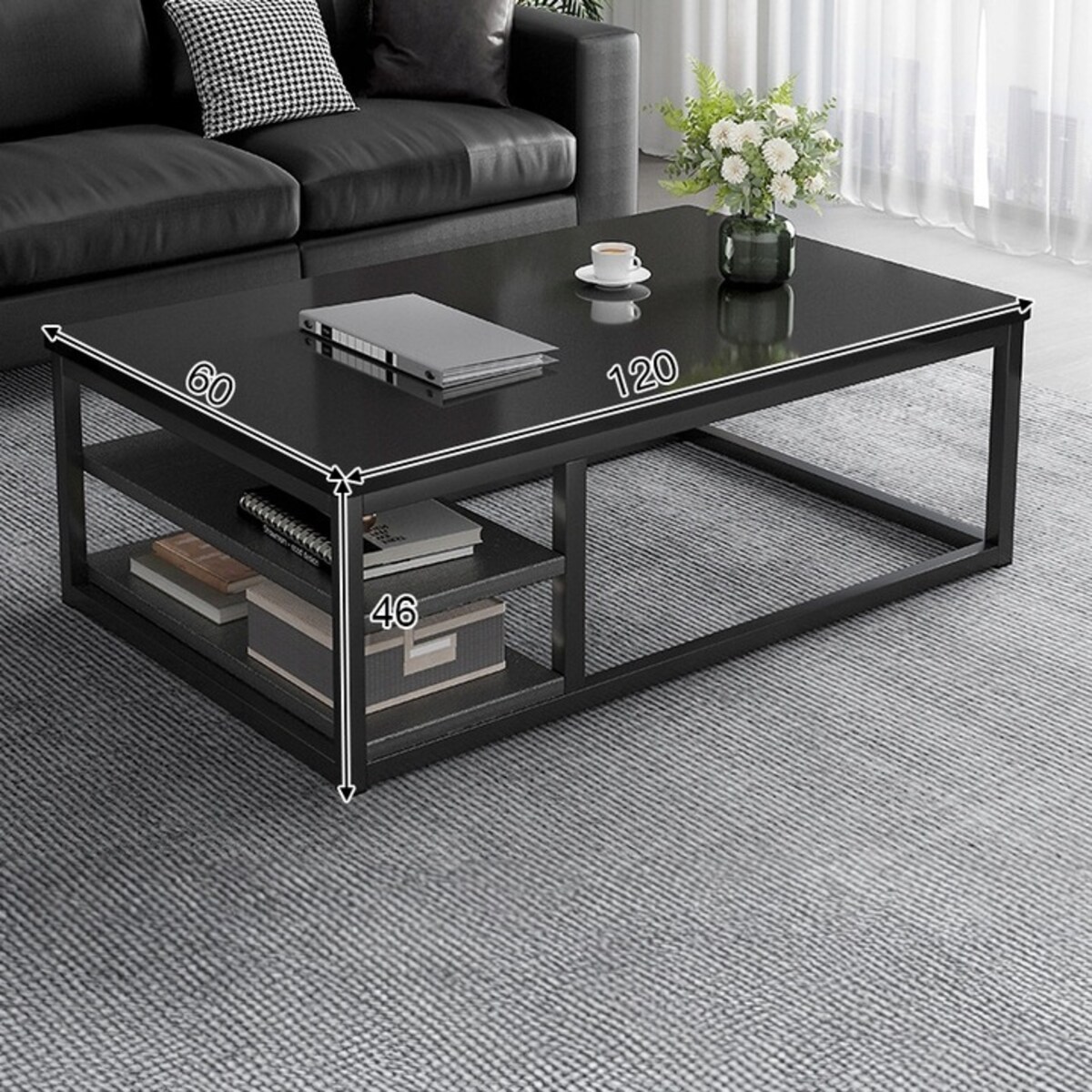 STOLIK KAWOWY NOWOCZESNY ŁAWA Z PÓŁKAMI POKÓJ SALON DUŻY CZARNY LOFT 120 CM