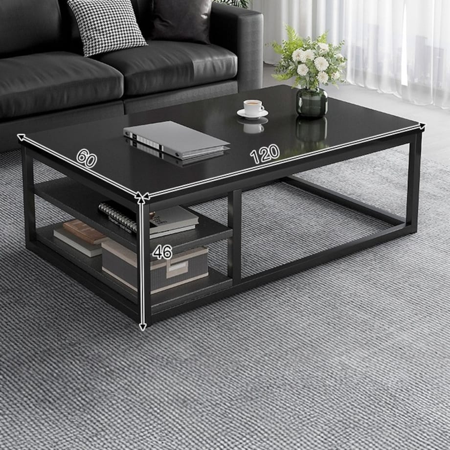 STOLIK KAWOWY NOWOCZESNY ŁAWA Z PÓŁKAMI POKÓJ SALON DUŻY CZARNY LOFT 120 CM