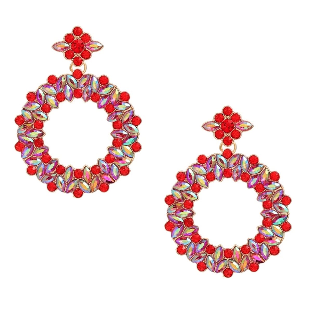 Czerwone duże kolczyki koła złote cyrkonie kryształki eleganckie przyjęcie
