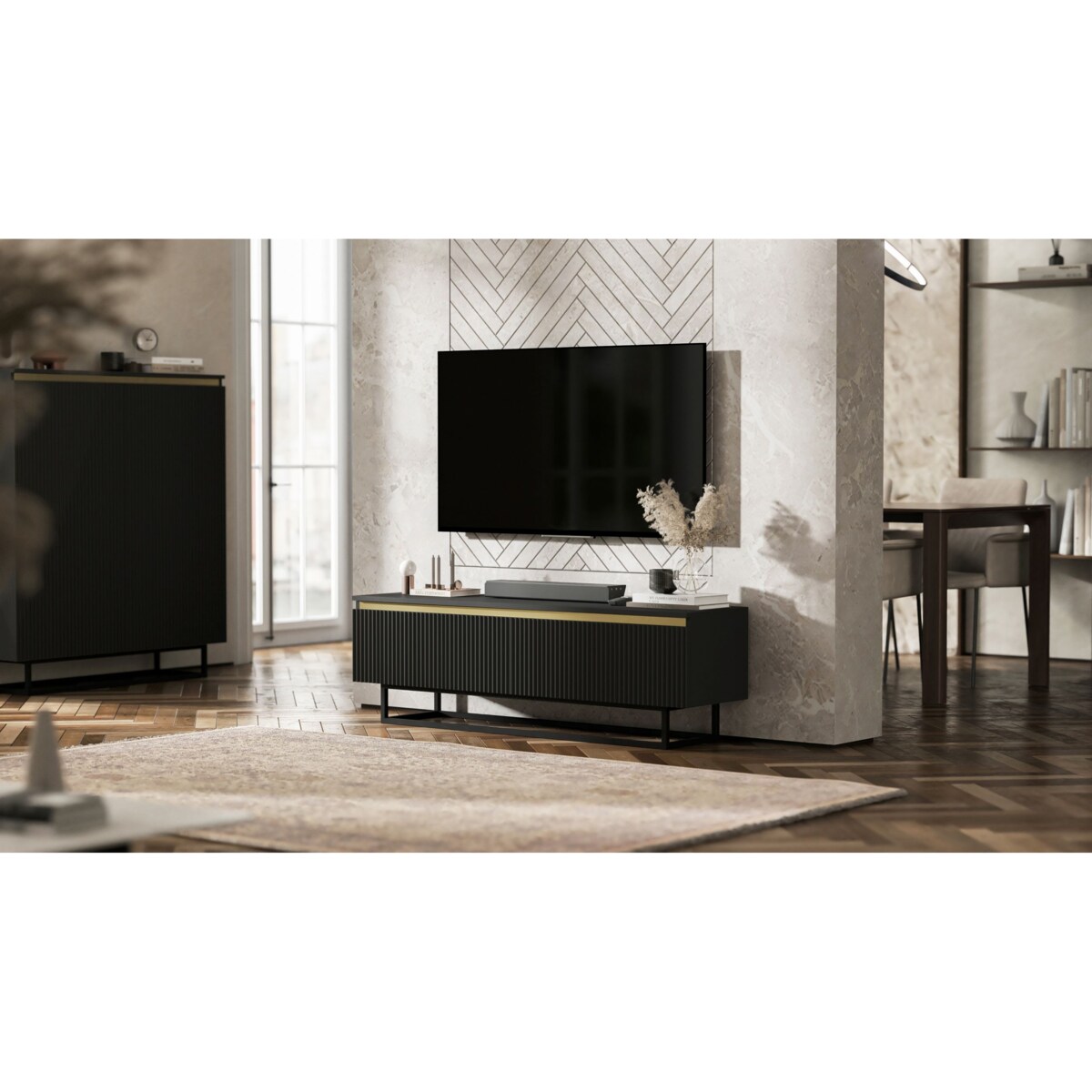 Nowoczesna Szafka RTV Glamour Komoda RTV Czarny Mat 140 cm czarny stelaż