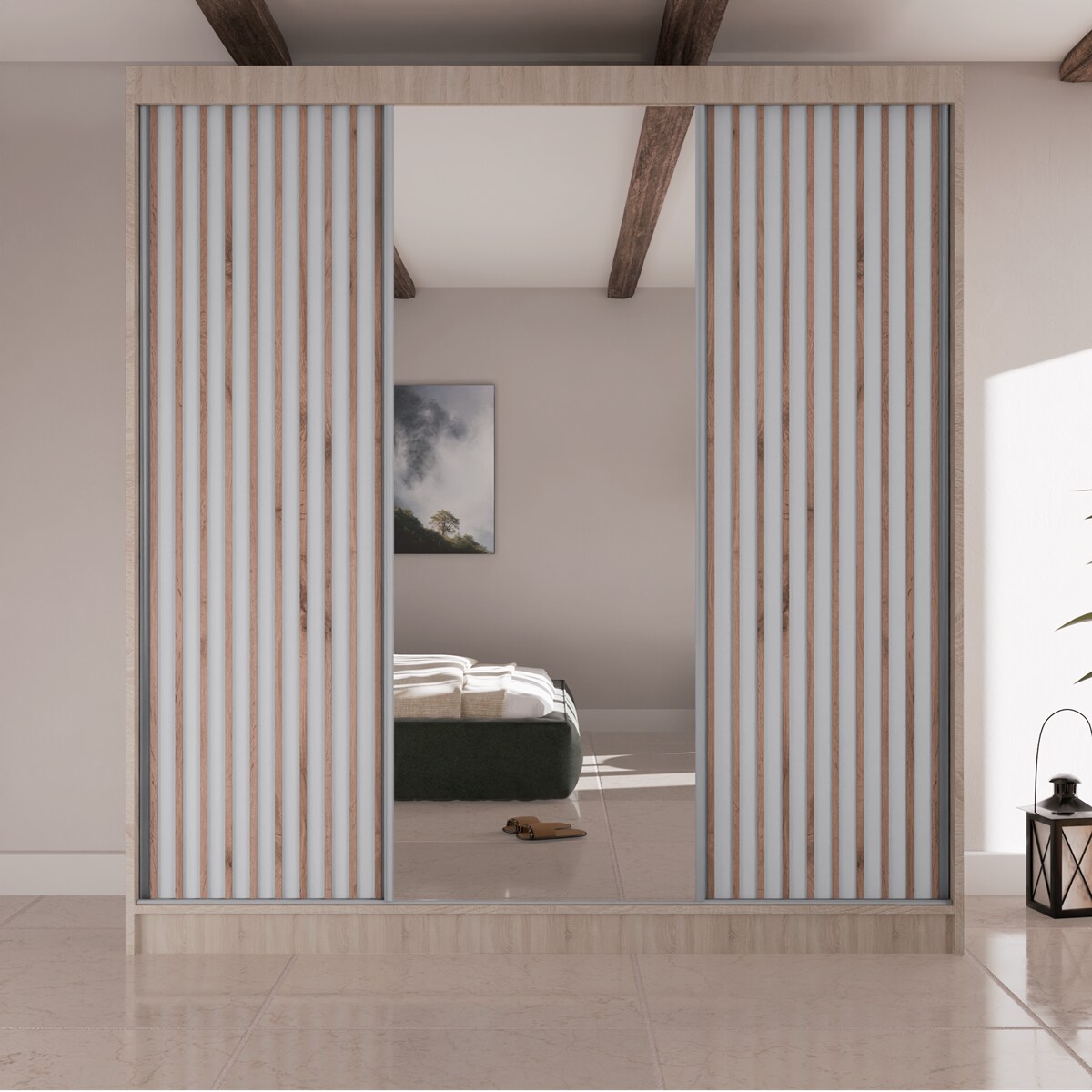 Szafa przesuwna lamele V200 z lustrem i szufladami- sonoma+biały front