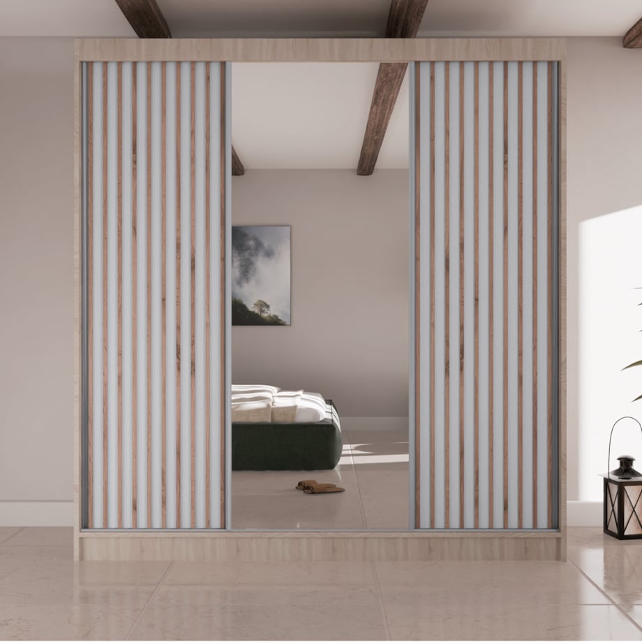 Szafa przesuwna lamele V200 z lustrem i szufladami- sonoma+biały front