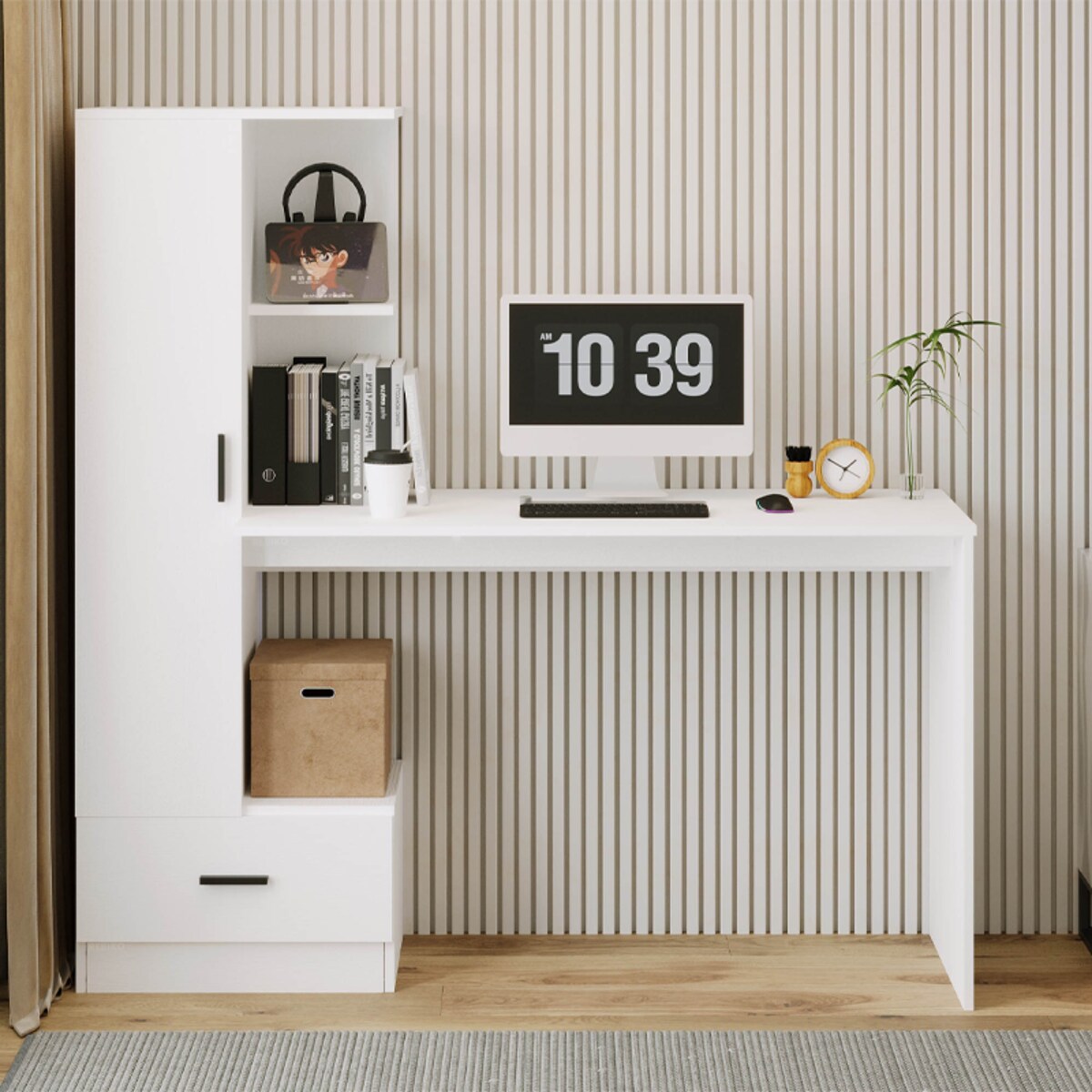 Biurko komputerowe z regałem do biura pokoju biały nowoczesne loft 142 cm
