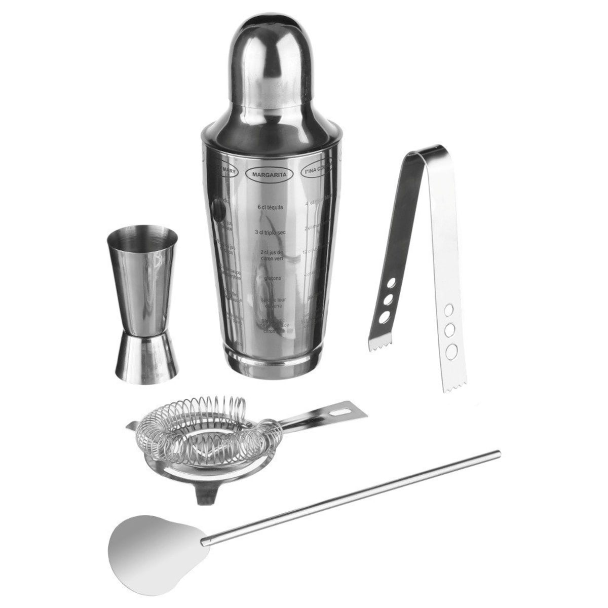 Zestaw barmański do drinków, shaker 600 ml, metalowy, 5 elementów, kolor srebrny