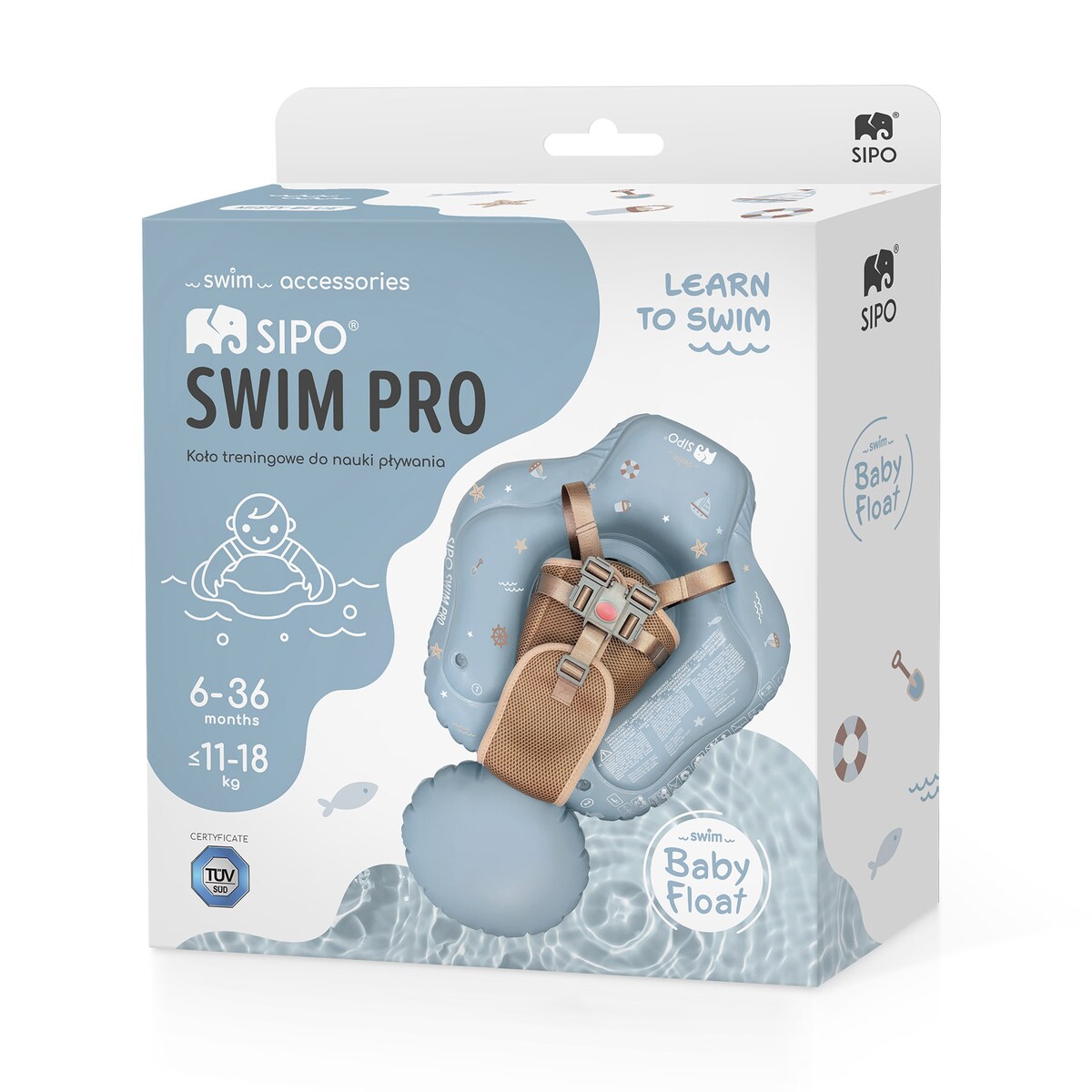 Sipo, Swim Pro, Dmuchane Koło Treningowe Do Pływania Dla Dzieci I Niemowląt, Do Nauki Pływania, 6-36 Miesięcy, 11-18 Kg, Niebieskie