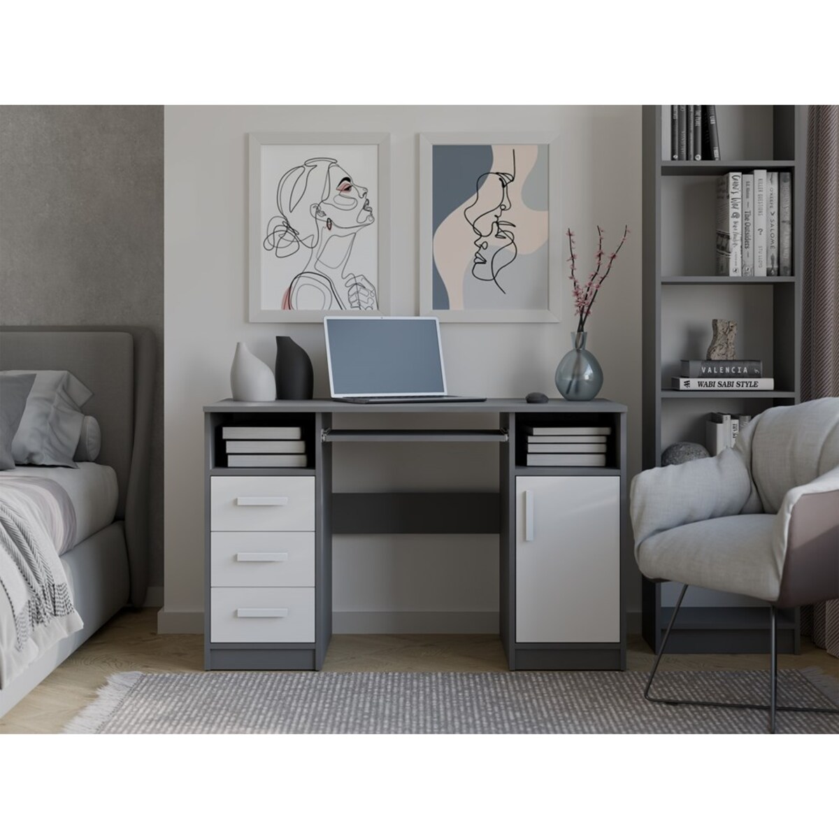 BIURKO DELTA ANTRACYT / BIAŁY 120 Cm 3 Szuflady Szafka Półki Do Biura Pokoju Na Laptop