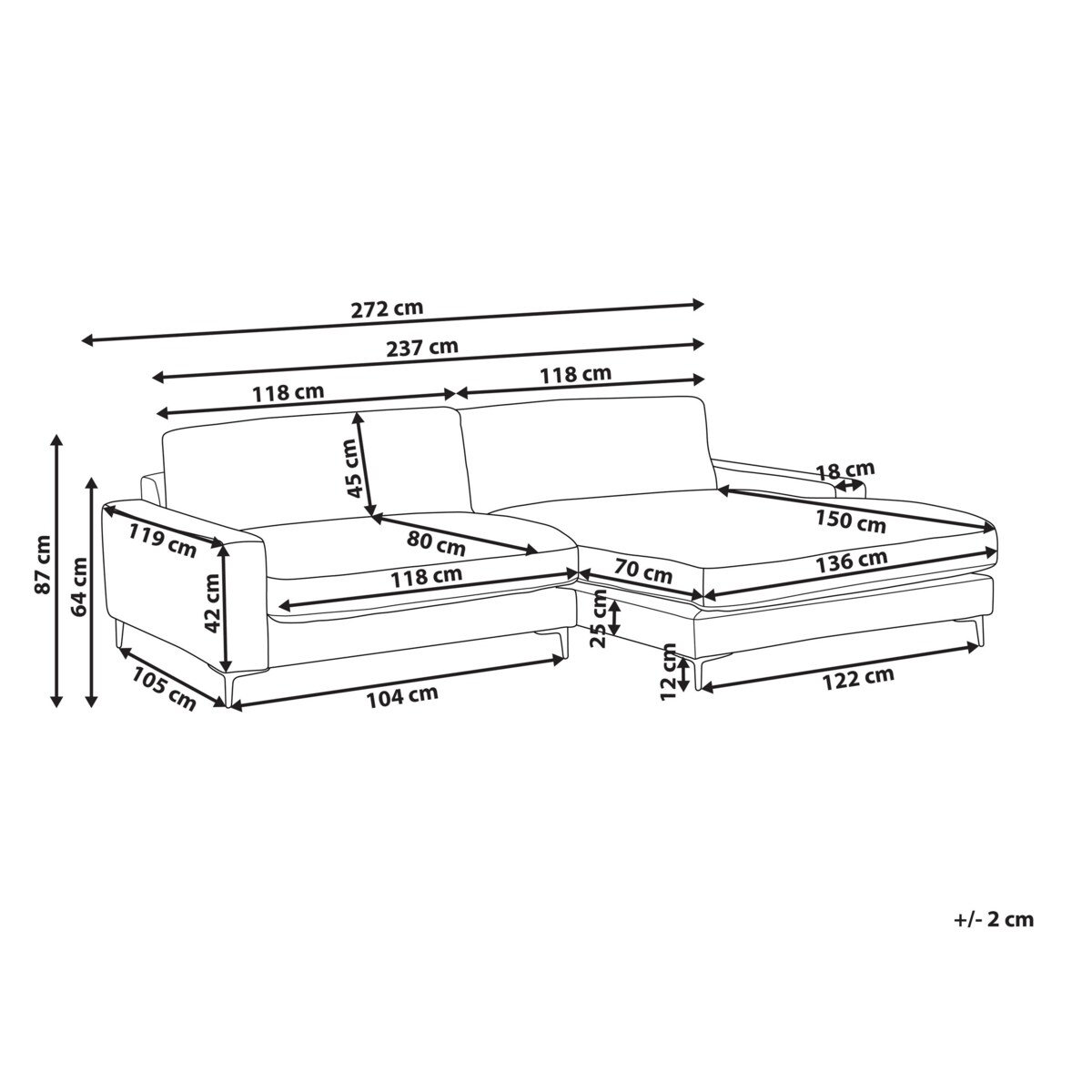 Sofa narożna lewostronna MALOY Czerwony dla 3 osób Lewostronny