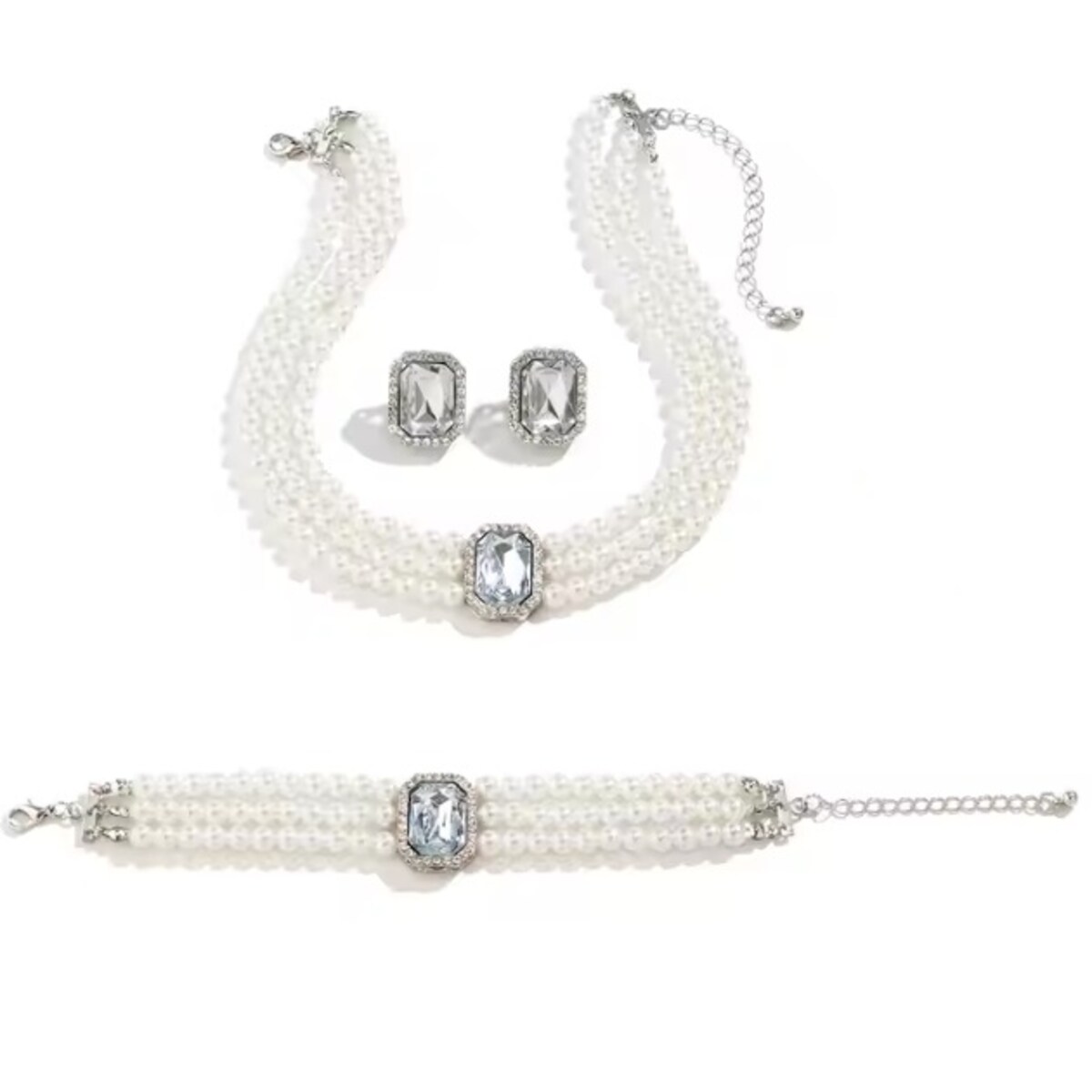 Komplet kolczyki, kolia bransoletka vintage perły elegancki szeroki trendy