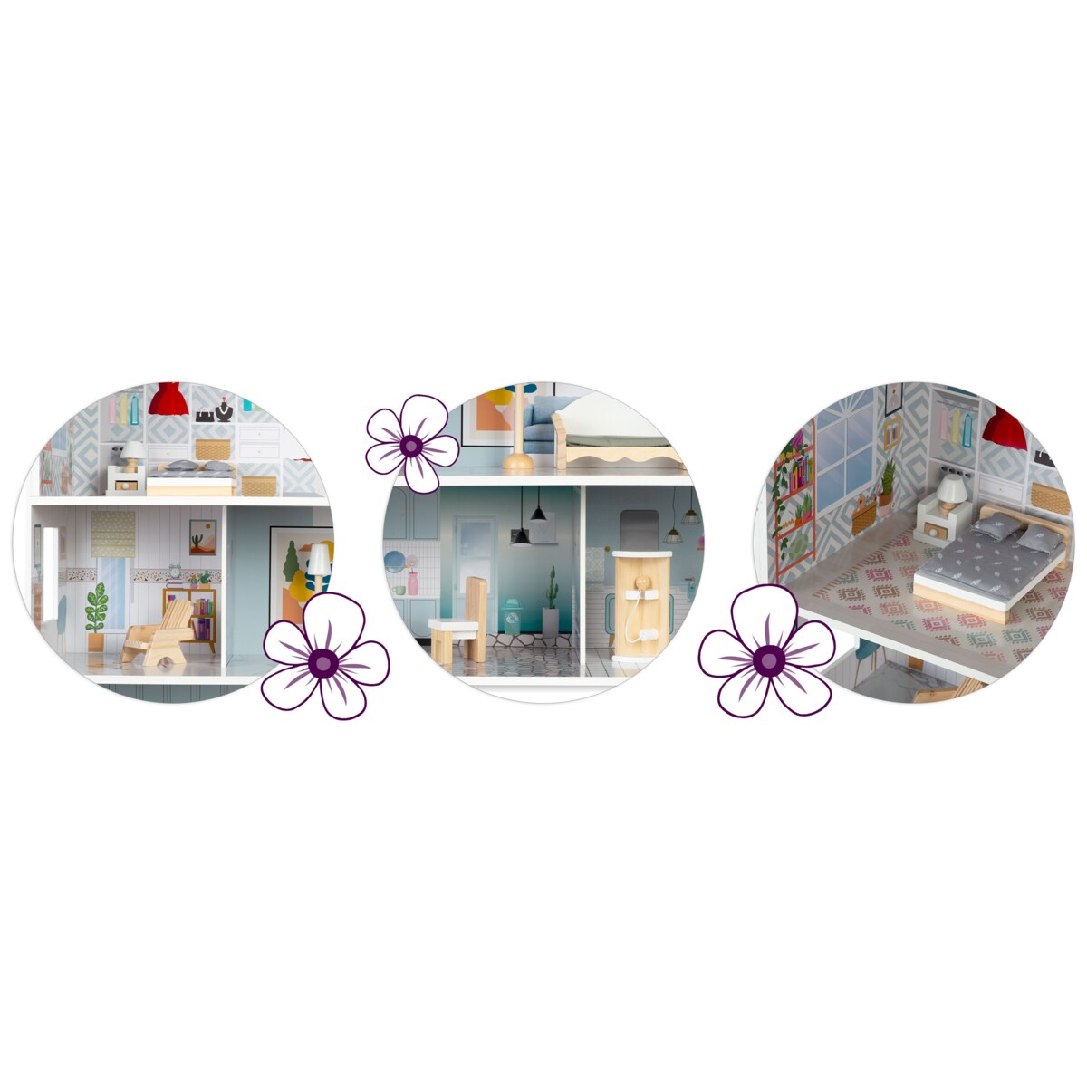 Duży drewniany domek dla lalek niebieski akcesoria Ricokids