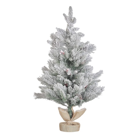 Ośnieżona sztuczna choinka ze światełkami w jutowym worku 90 cm zielona MALIGNE