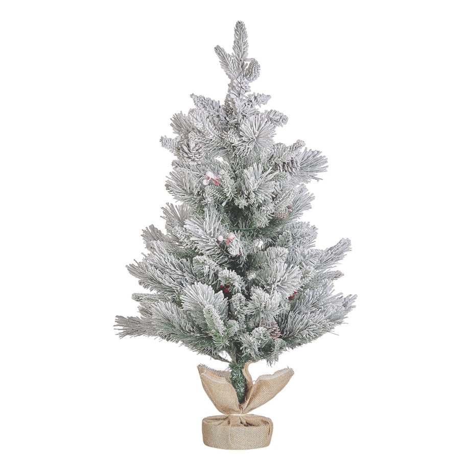 Ośnieżona sztuczna choinka ze światełkami w jutowym worku 90 cm zielona MALIGNE