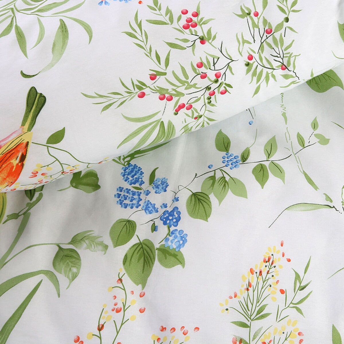 Pościel bawełniana 140x200 Verdelia biała w zielone kwiaty i kolorowe ptaki, Cottonlove