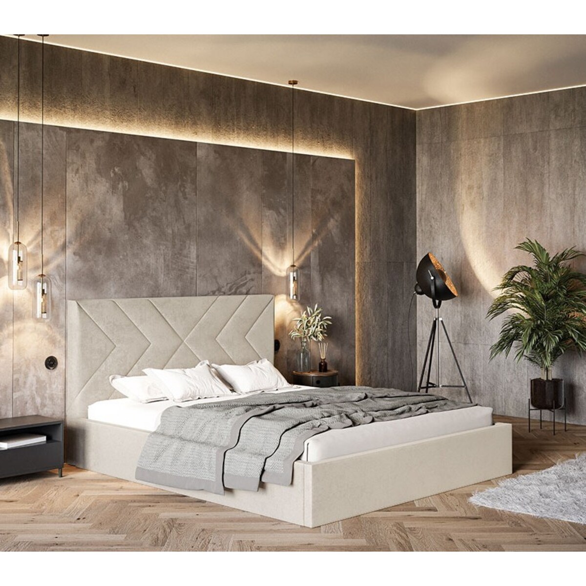 Łóżko tapicerowane 140x200 OLDO 1 z pojemnikiem, do sypialni- beżowe