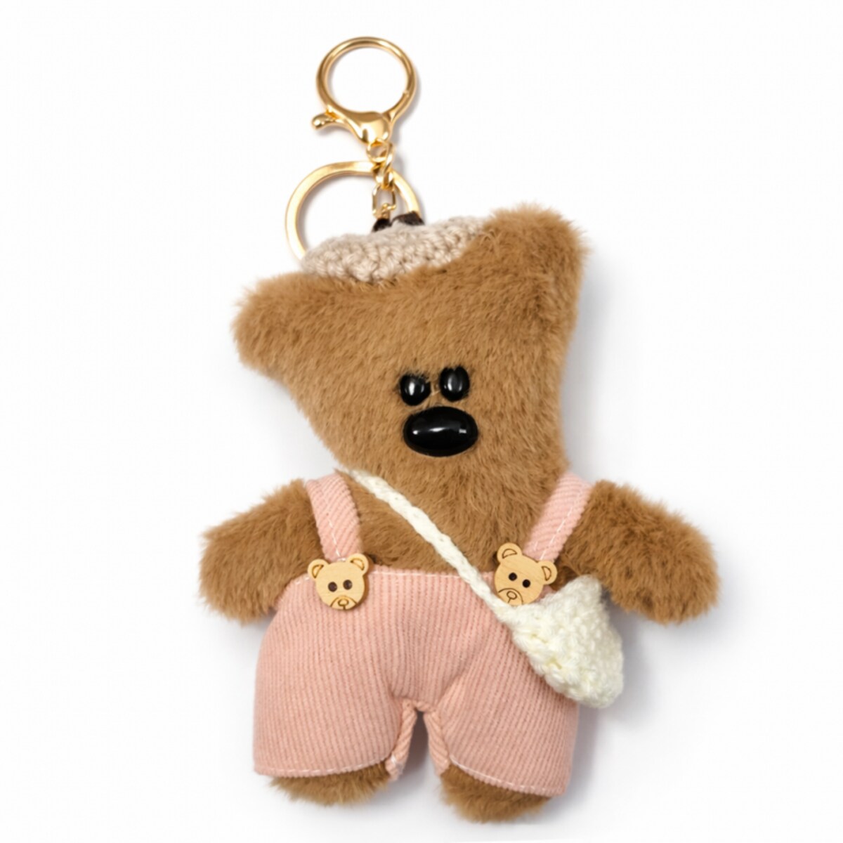 Brelok do kluczy, pluszowy brązowy miś w ogrodniczkach i berecie, róż BRL402R