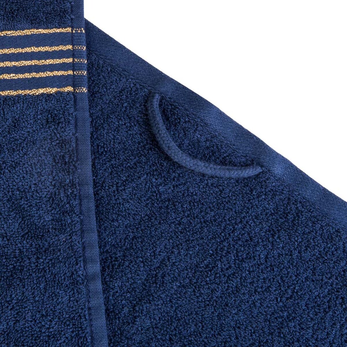 Ręcznik kąpielowy 50x90 cm bawełniany kolor ciemny niebieski z bordiurą w złote paski 500 g/m2 TIWANO