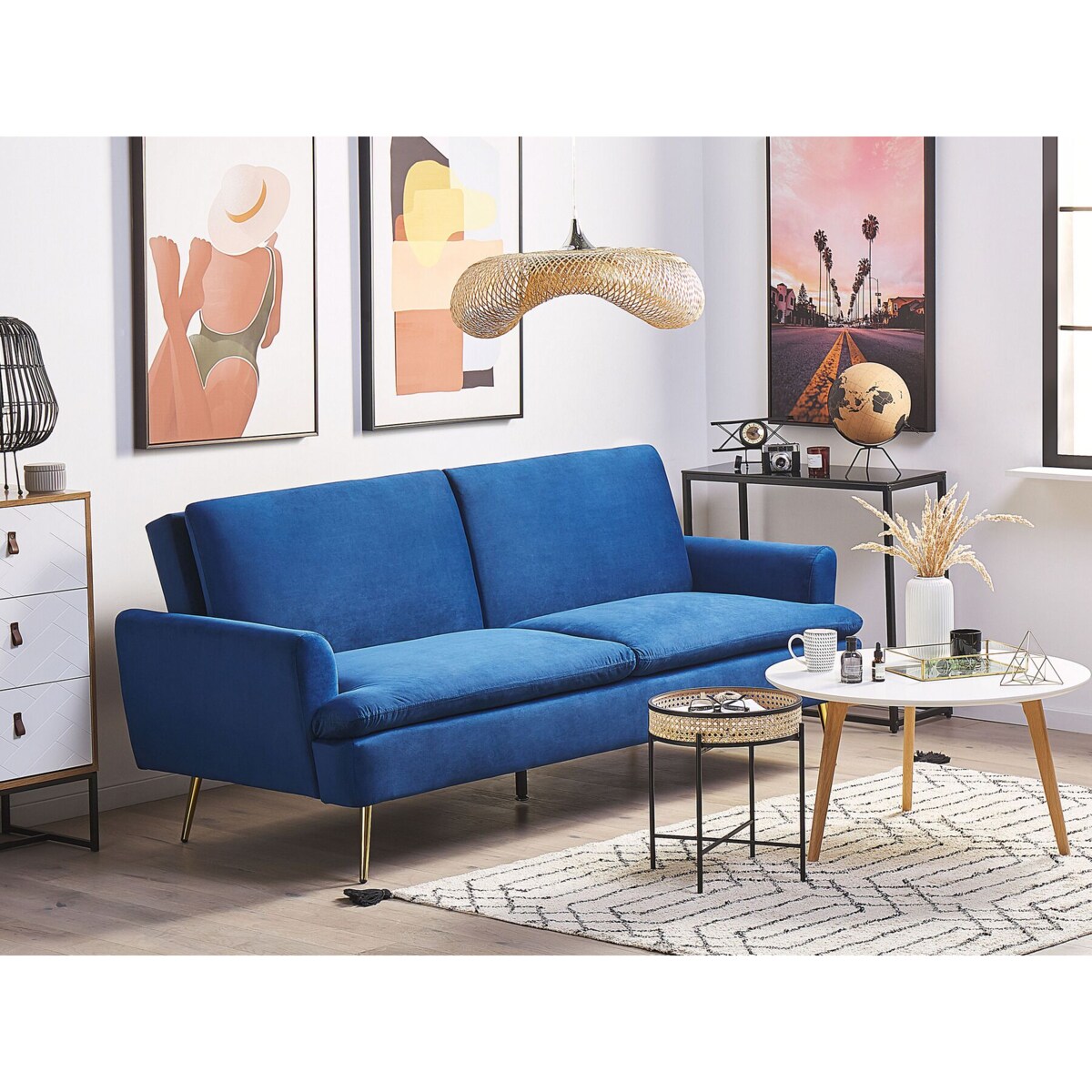 Sofa rozkładana welurowa niebieska VETTRE