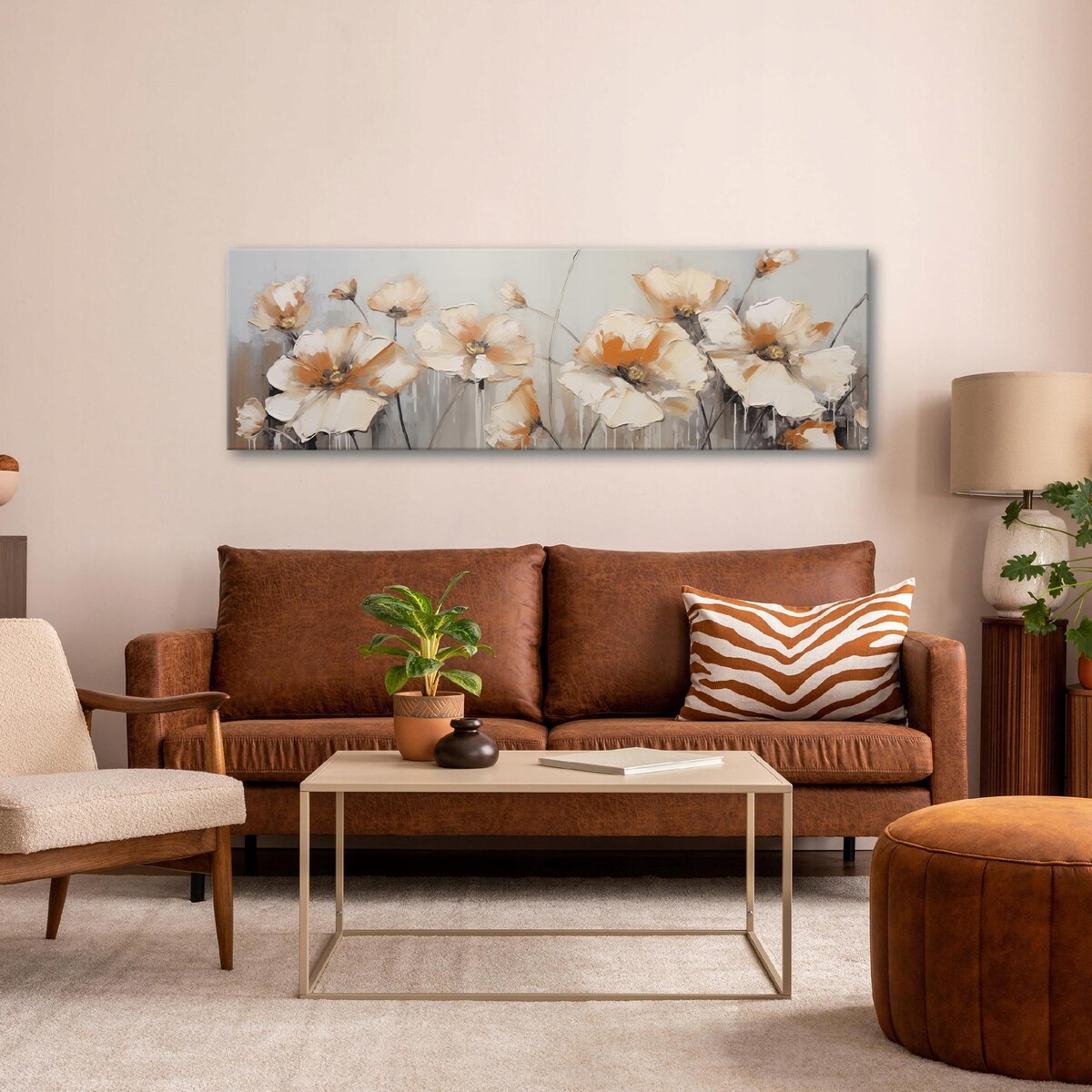 OBRAZ KWIATY BEŻOWY NOWOCZESNY DO SYPIALNI SALONU NA PŁÓTNIE ŚCIANĘ 145x45