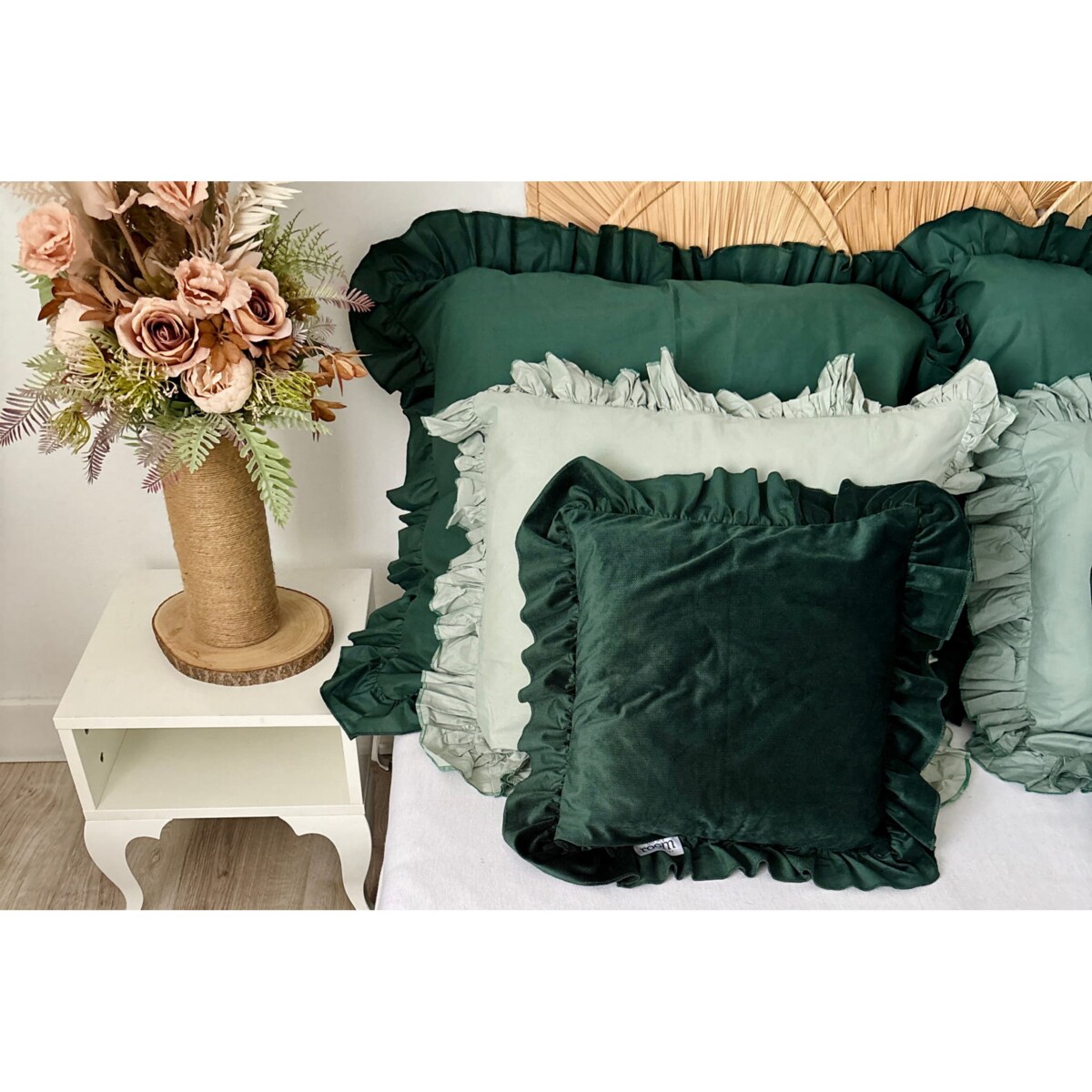 Pościel Bawełniana Z Falbanką Zestaw Komplet Do Sypialni Kołdra + 6 Poduszek 160X200 Butelkowa Zieleń Boho