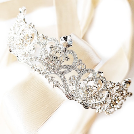 SREBRNA tiara ażurowa cyrkonie zawijasy ELEGANCKA błysk połysk ozdoba ślub