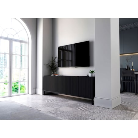 Szafka RTV Czarny Mat Nowoczesna Komoda RTV Loft Ryflowane Fronty Glamour 150 cm