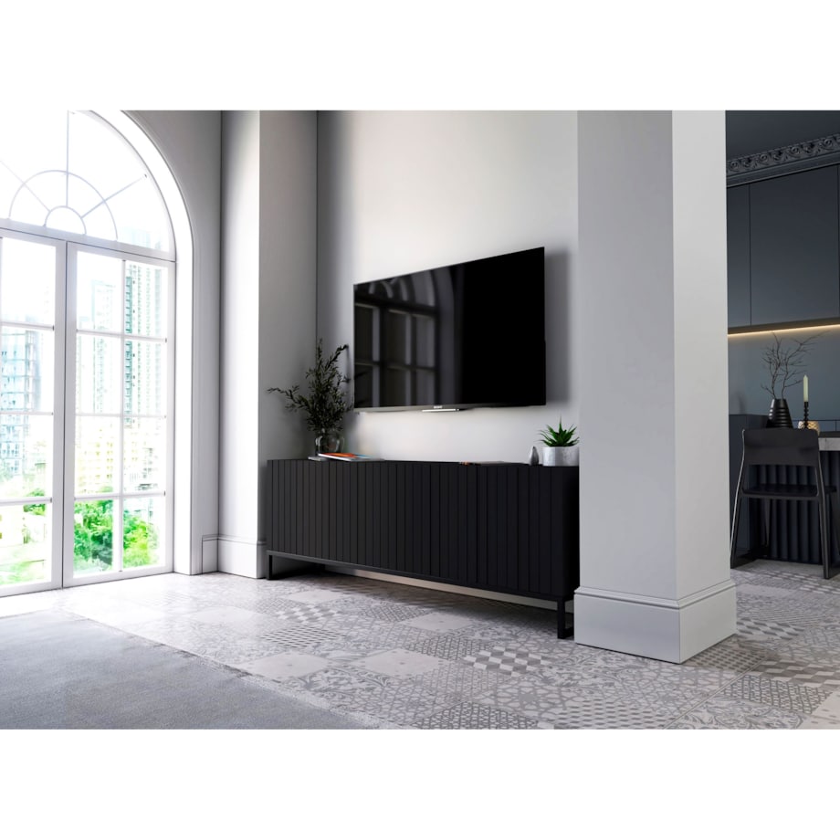 Szafka RTV Czarny Mat Nowoczesna Komoda RTV Loft Ryflowane Fronty Glamour 150 cm