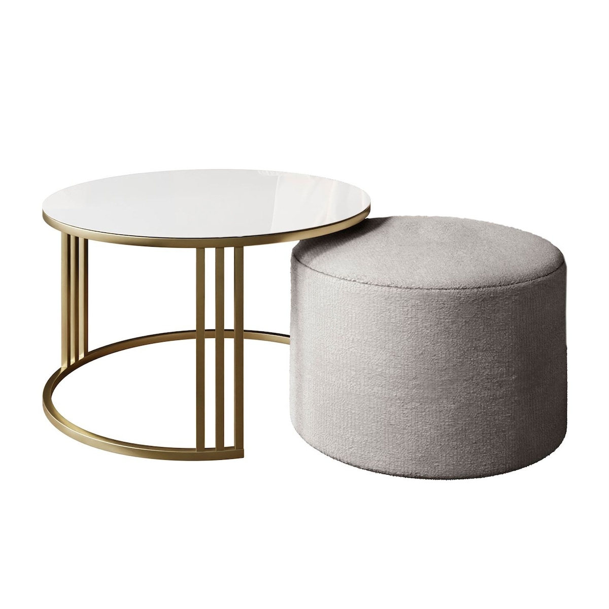 Stolik kawowy z pufą LORI GLASS złoto szczotkowane, białe szkło / Perfect Harmony 82