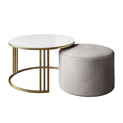 Stolik kawowy z pufą LORI GLASS złoto szczotkowane, białe szkło / Perfect Harmony 82