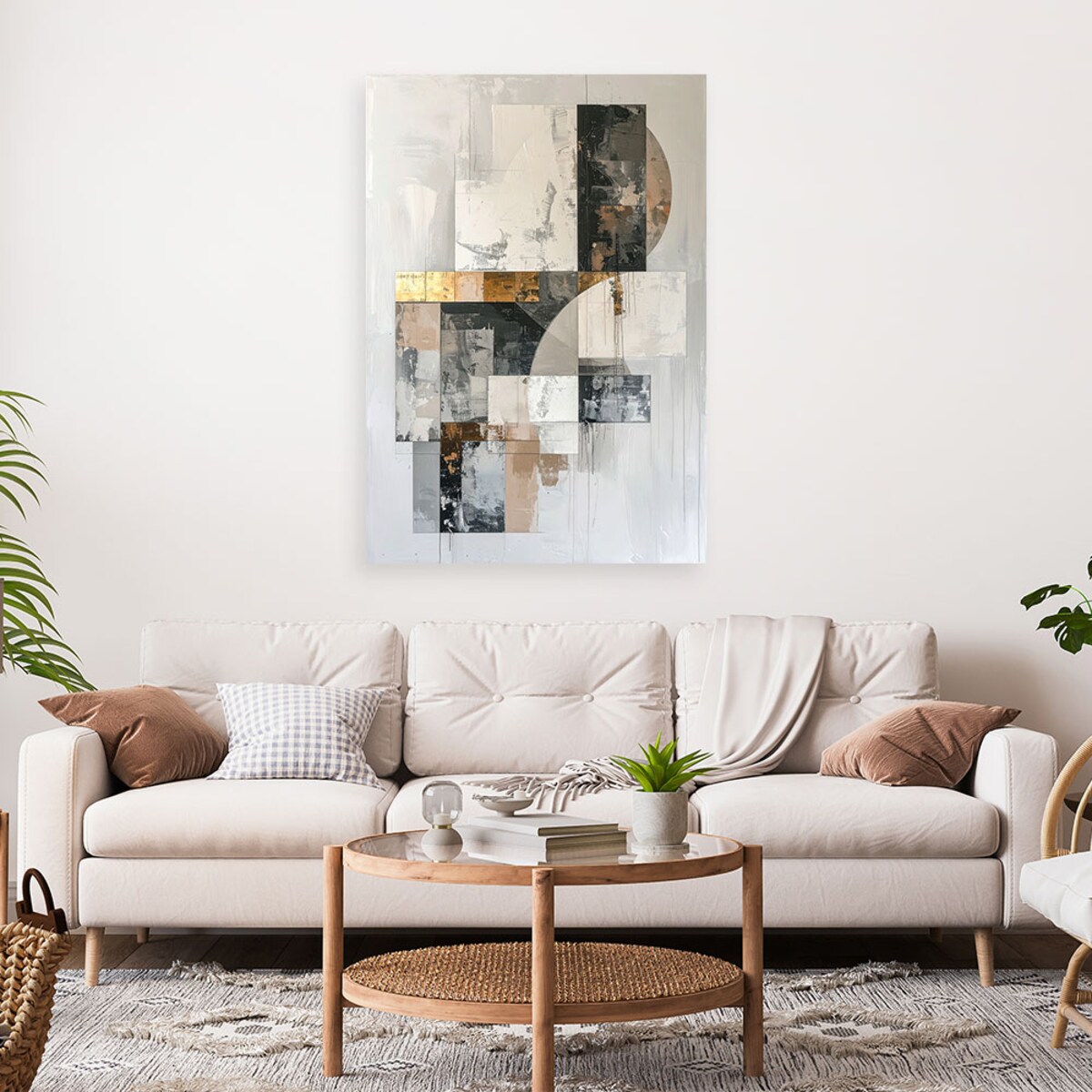 Obraz do salonu, Abstrakcja geometryczna w bieli szarości beżu i złotych akcentach 80x120 cm