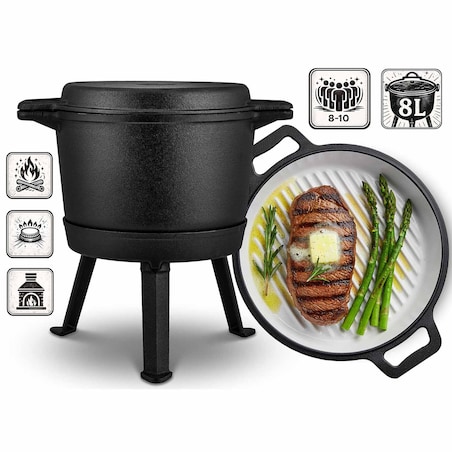 Kociołek żeliwny emaliowany Berdsen BD-480 garnek 8L stojący + patelnia grill + przepisy