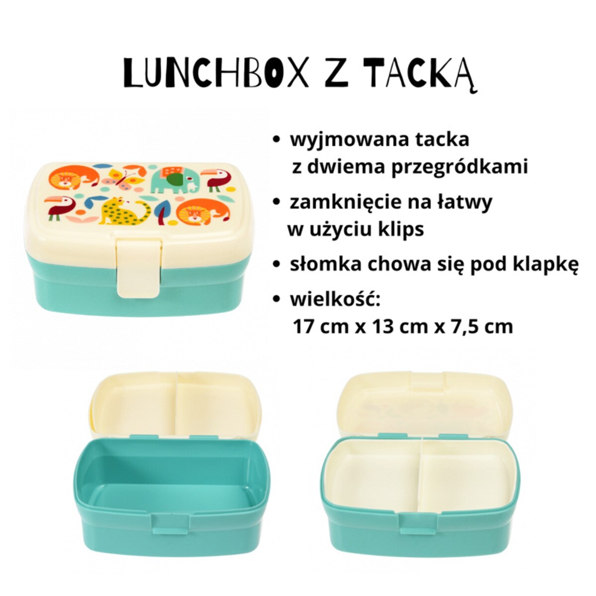 Zestaw do szkoły: bidon ze słomką 500 ml + Lunchbox z tacką Dzikie Zwierzęta, Rex London