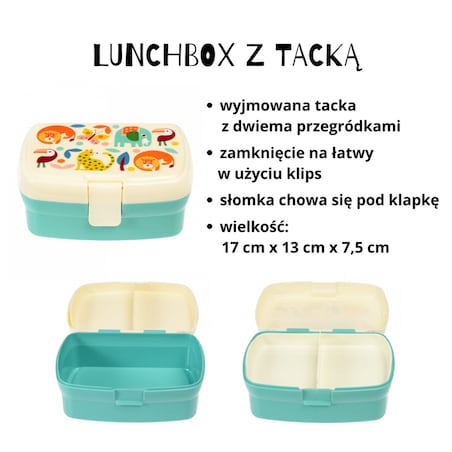 Zestaw do szkoły: bidon ze słomką 500 ml + Lunchbox z tacką Dzikie Zwierzęta, Rex London