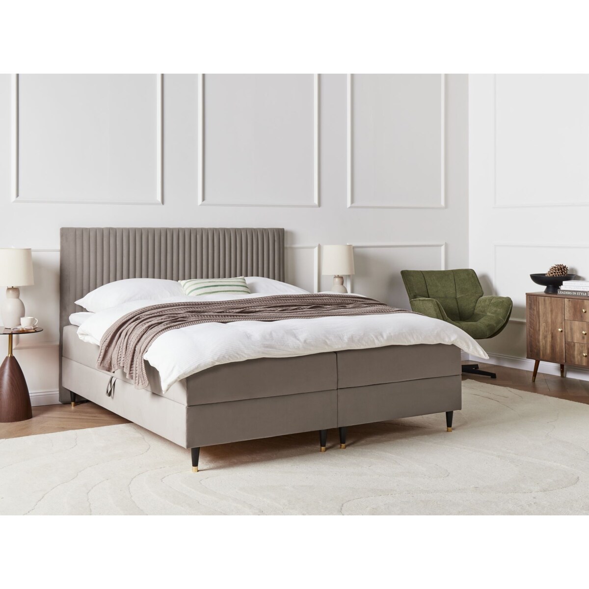 Łóżko kontynentalne z pojemnikiem Welur DAME 180 x 200 cm Beżowoszary