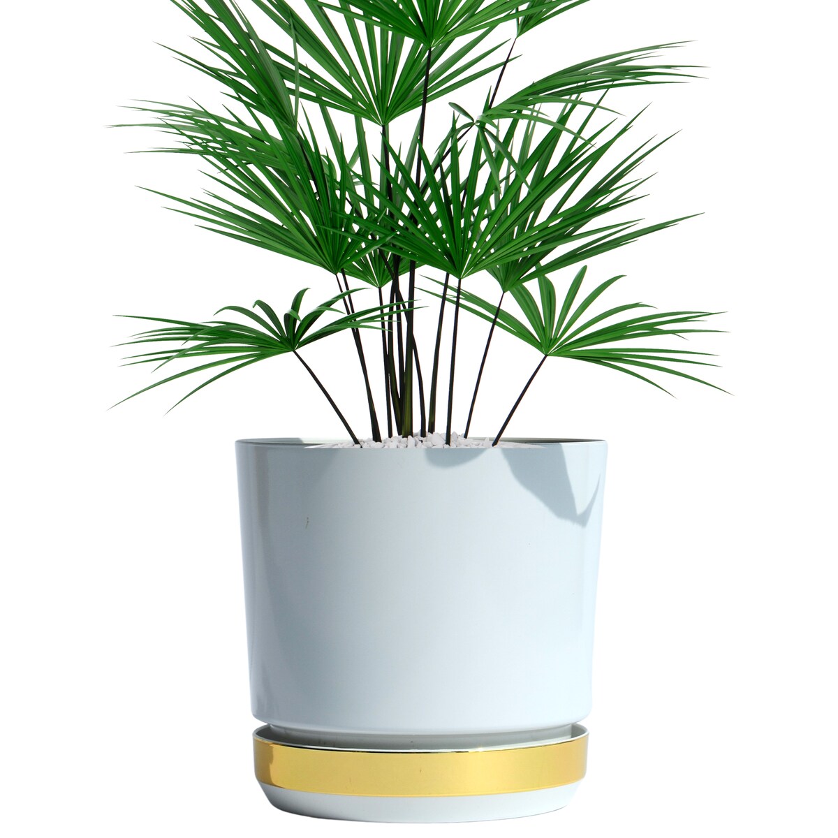 21 Doniczka DUO BIAŁA z podstawką ZŁOTO B. dwukolorowa nowoczesna z połyskiem drenażem elegancka