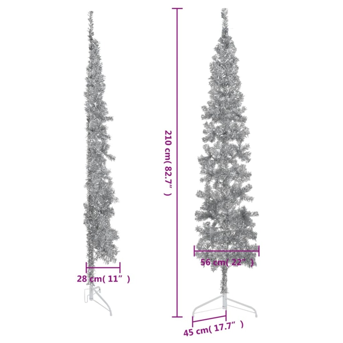 vidaXL Smukła choinka połówka ze stojakiem, sztuczna, srebrna, 210 cm