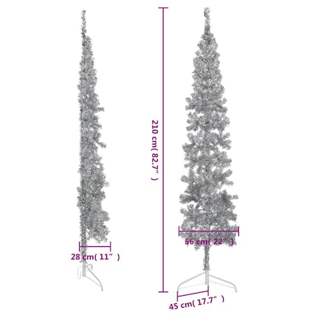 vidaXL Smukła choinka połówka ze stojakiem, sztuczna, srebrna, 210 cm