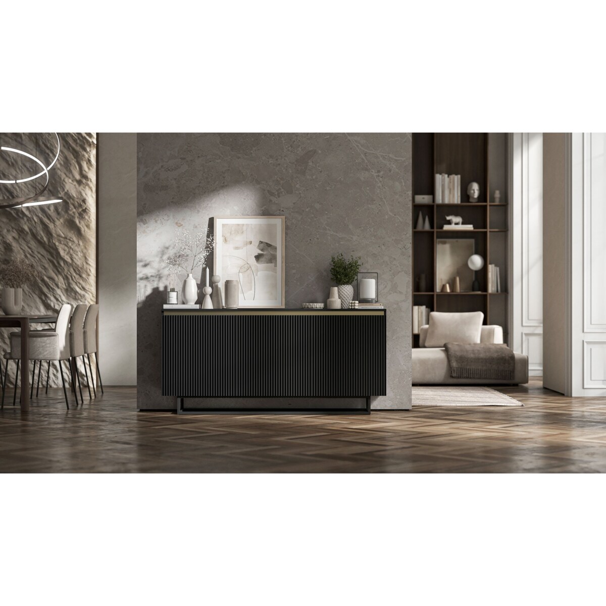 Komoda Glamour Szafka RTV Czarny MAT ryflowane fronty czarny stelaż 166,8 cm