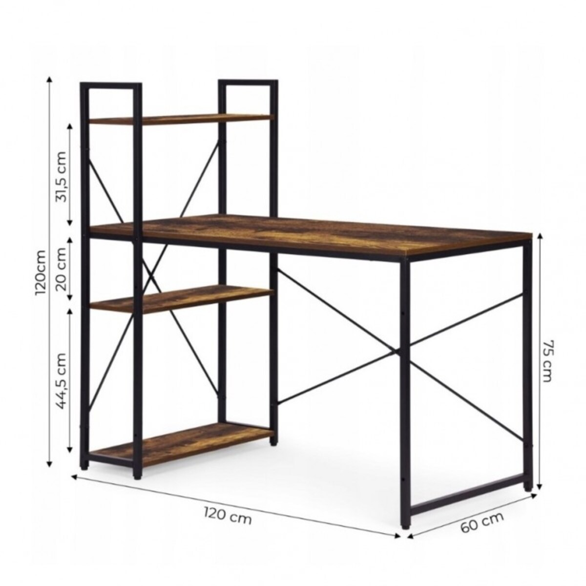 Loftowe biurko komputerowe z regałem, półkami, 120 x 60cm, czarne, brązowy blat STL24BR