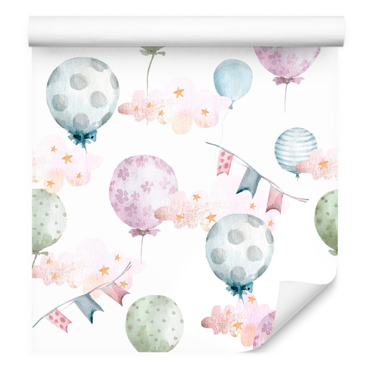 Tapeta dla dzieci kolorowe balony gwiazdy chmury styl boho