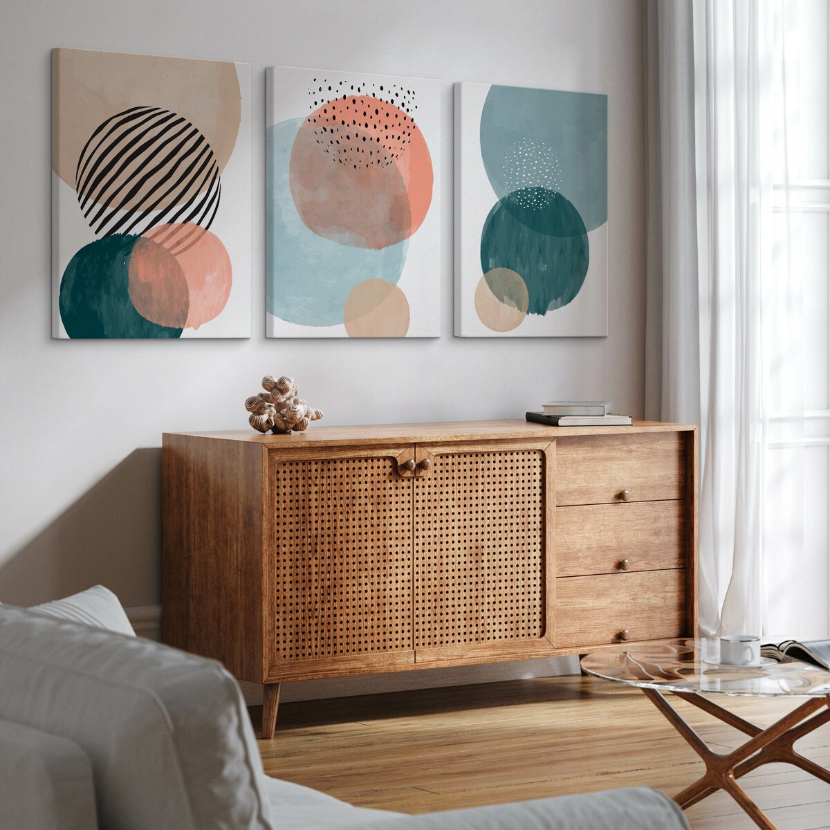 OBRAZY DO SALONU SET AKWARELE KOŁA ABSTRAKCJA MINIMALIZM 90x40cm