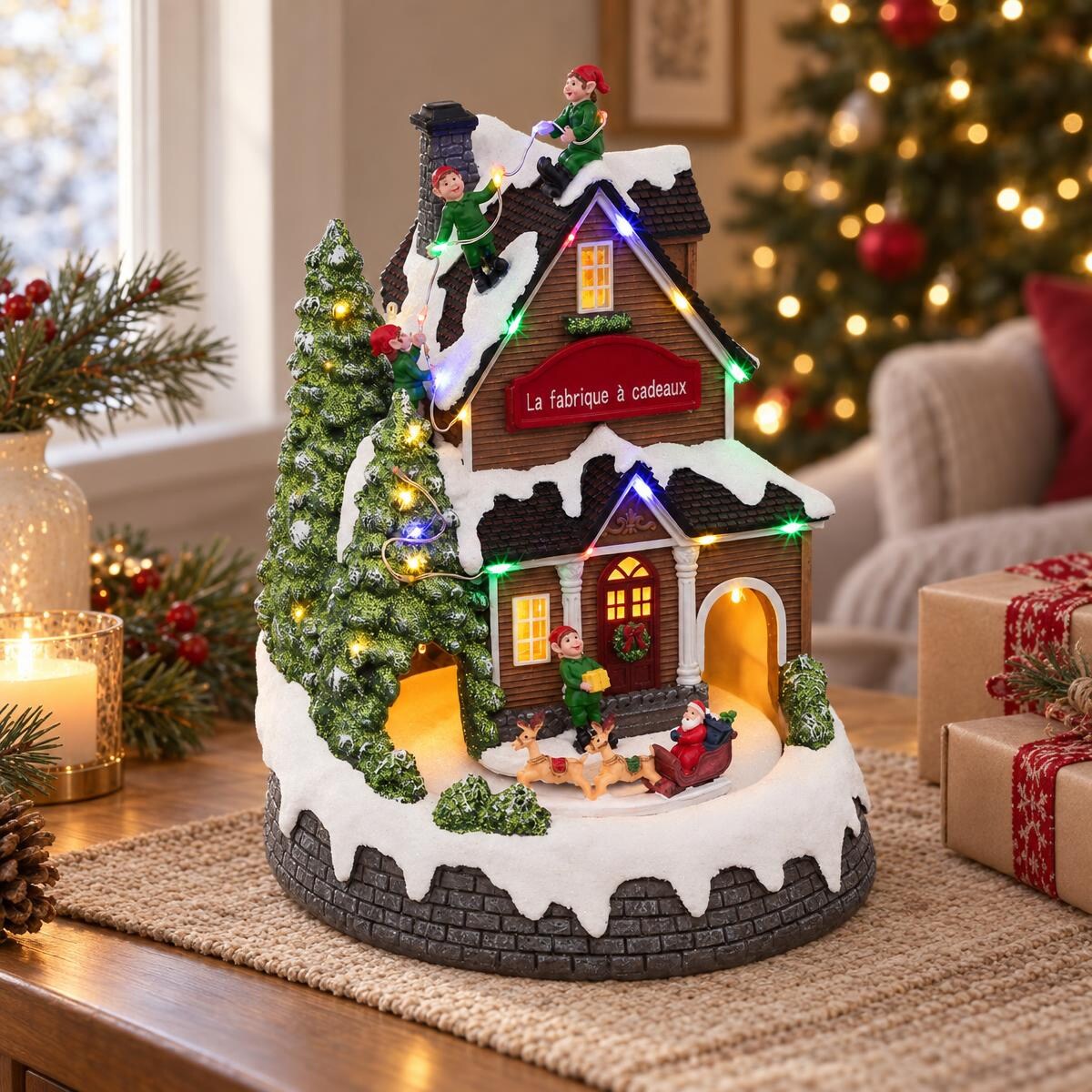 Fabryka prezentów, ruchoma dekoracja świąteczna z LED, 20 x 20 x 25,5 cm, tworzywo sztuczne