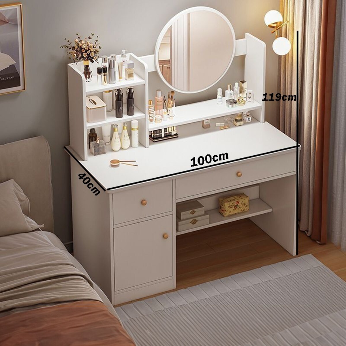 Toaletka z lustrem z szufladami biała makijażu glamour skandynawski 100 cm