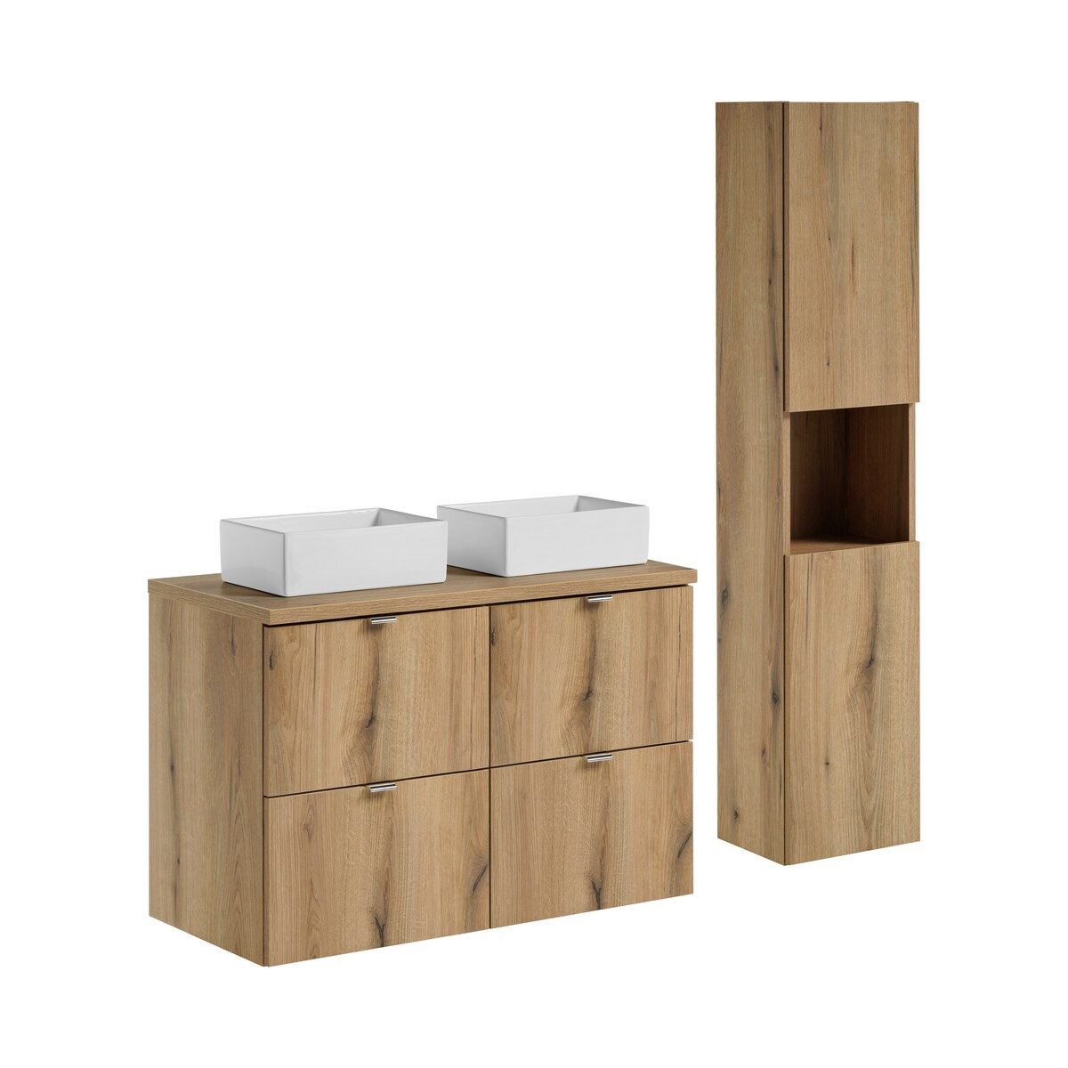Zestaw meblowy 100cm z blatem, 2 umywalkami nablatowymi Gaja i szafką wysoką SET-NOA B OAK 100CM S UN GAJA SW HC